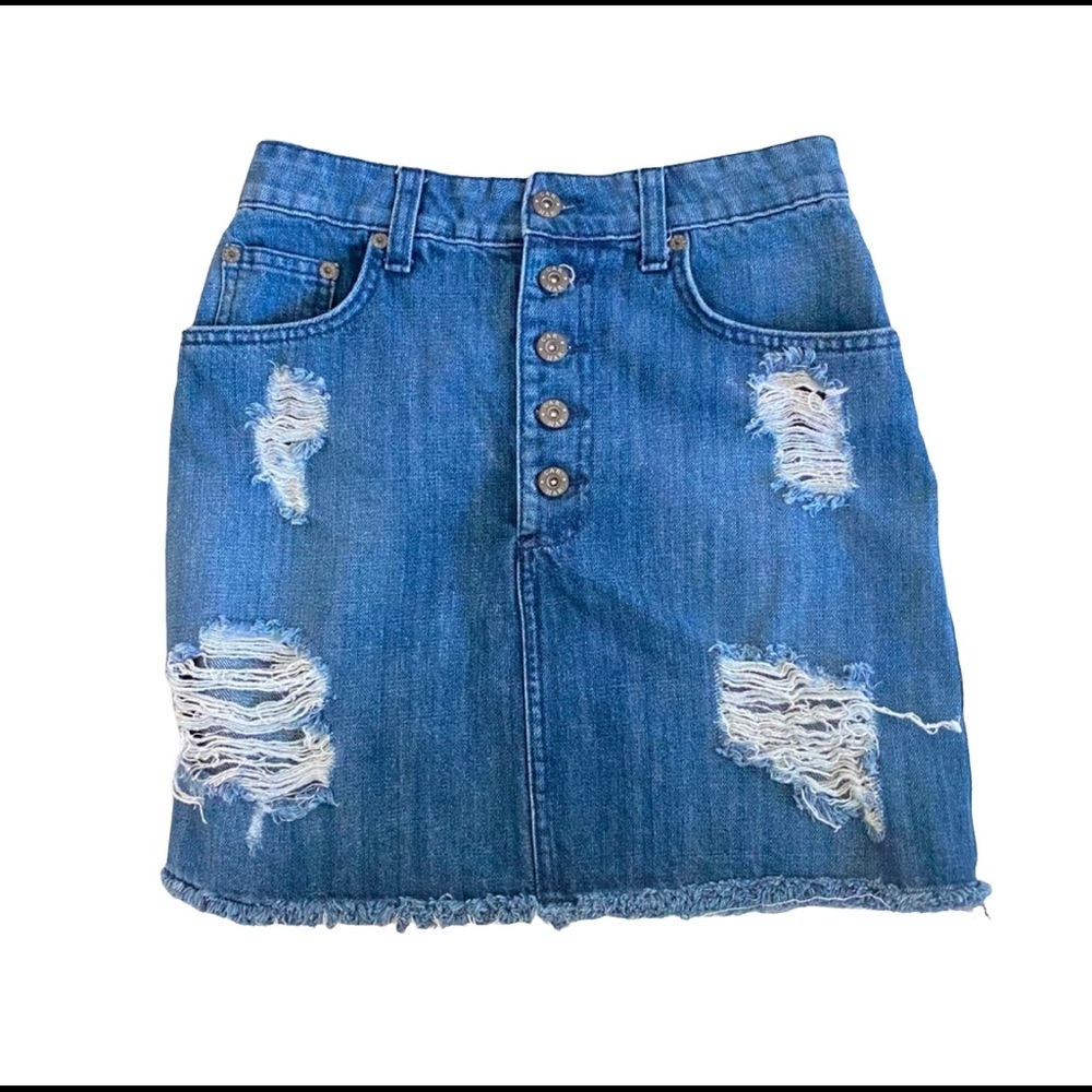 Carmar Ripped Raw Hem Distressed Button Front Denim Skirt Size 26